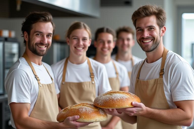 Revontuli Delightsin leipuritiimi ja perustaja hymyilemässä leipomossa.